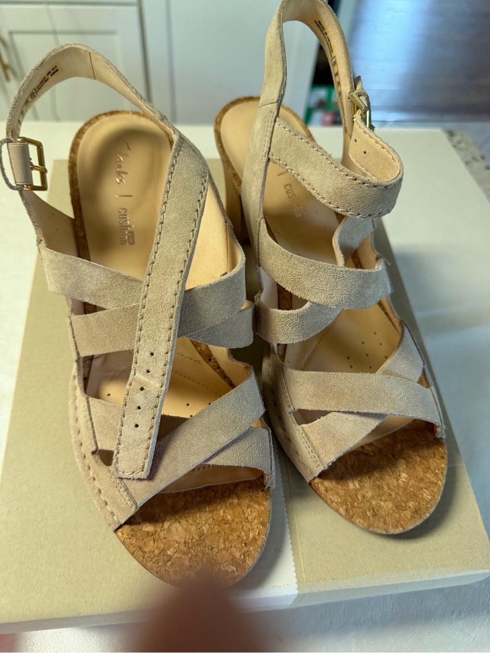 Clarks Sand Suede Strappy Heeled Sandals